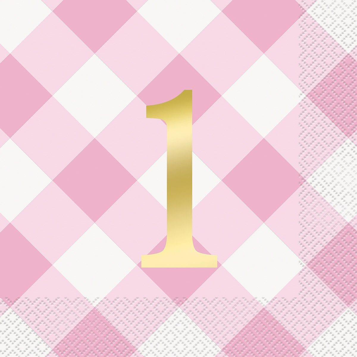 Buy 1st Birthday Pink Gingham Lunch Napkins, 16 Counts sold at Party Expert