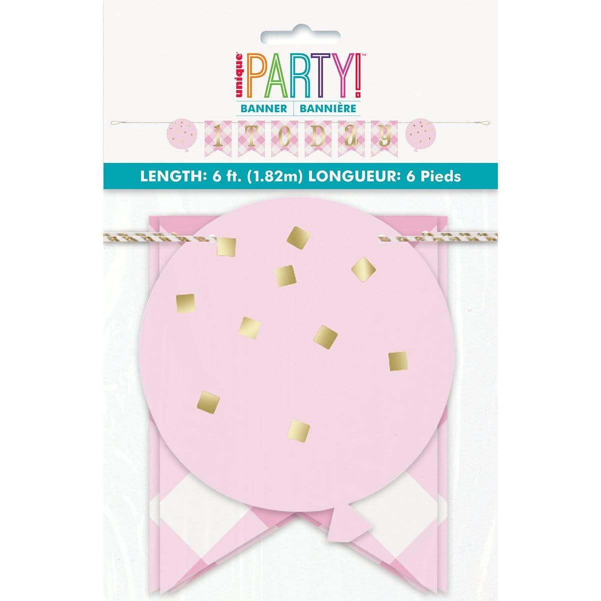 Buy 1st Birthday Pink Gingham Pennant Banner sold at Party Expert
