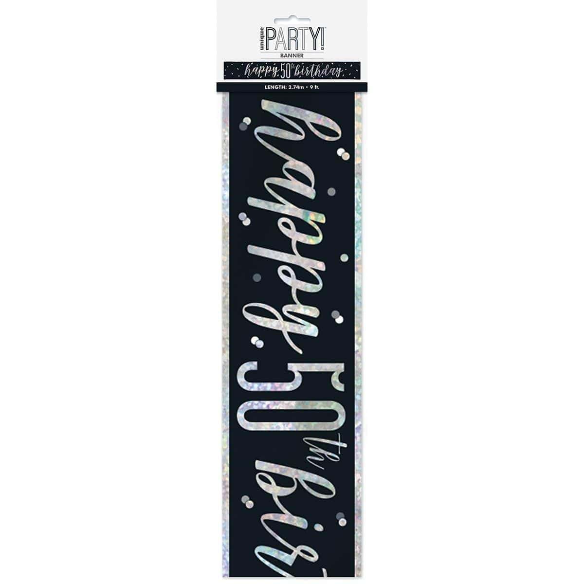 Buy Age Specific Birthday Happy Birthday Black/Silver - Foil Banner - 50th sold at Party Expert
