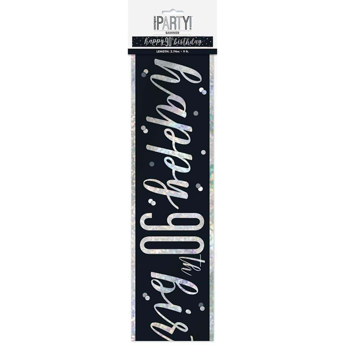Buy Age Specific Birthday Happy Birthday Black/Silver - Foil Banner - 90th sold at Party Expert