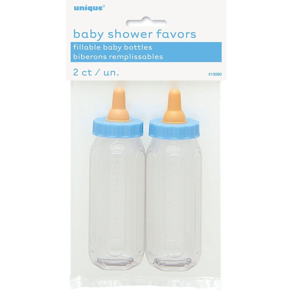 Buy Baby Shower Blue plastic baby bottles, 2 per package sold at Party Expert