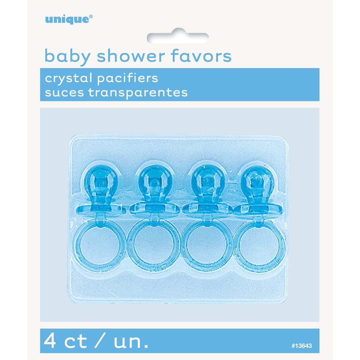 Buy Baby Shower Blue plastic pacifiers, 4 per package sold at Party Expert