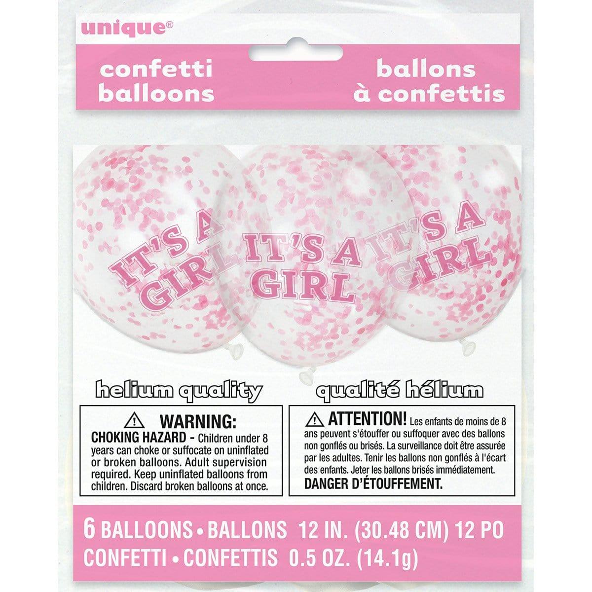 Buy Baby Shower It's a Girl latex balloons with pink confetti 12 inches, 6 per package sold at Party Expert