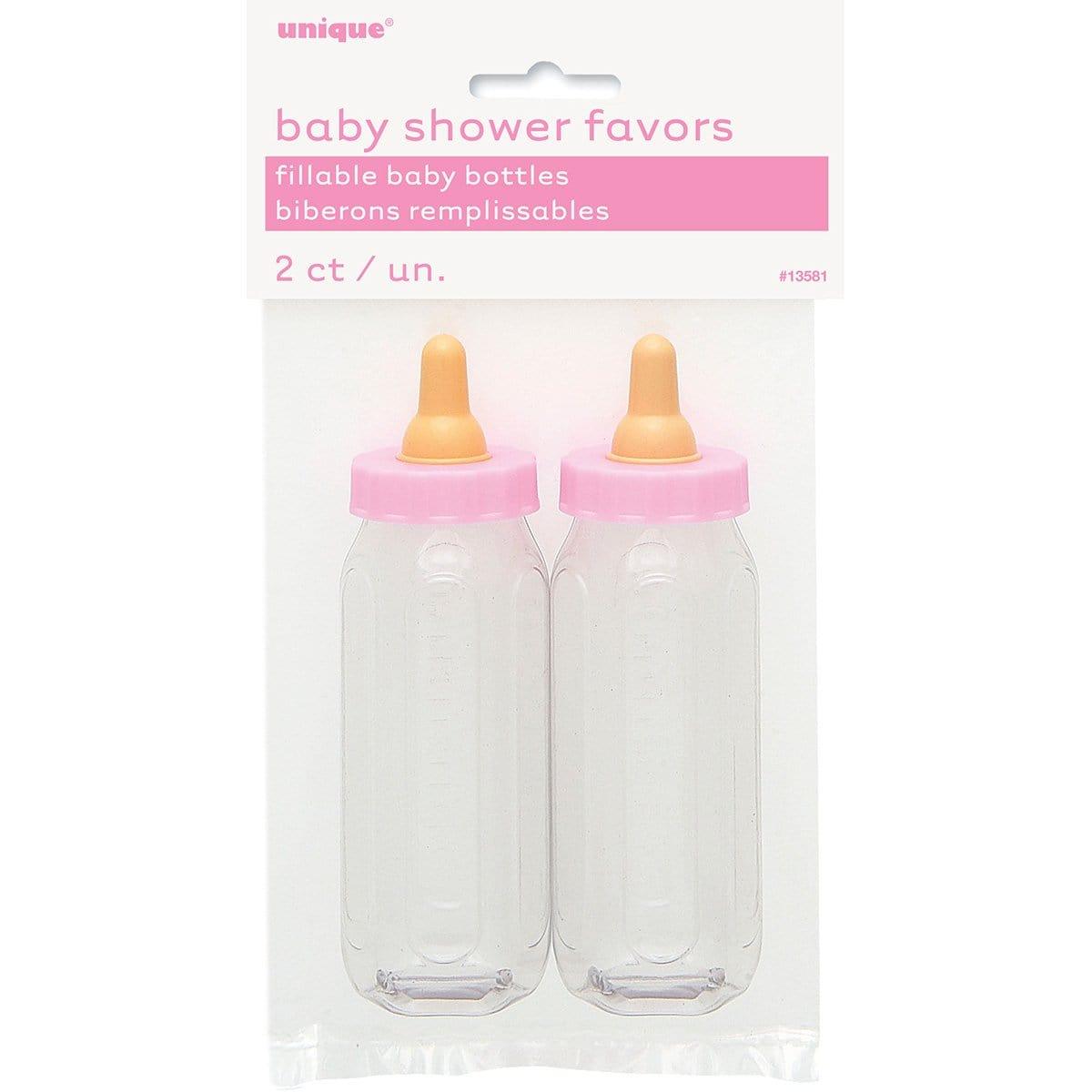 Buy Baby Shower Pink plastic baby bottles, 2 per package sold at Party Expert