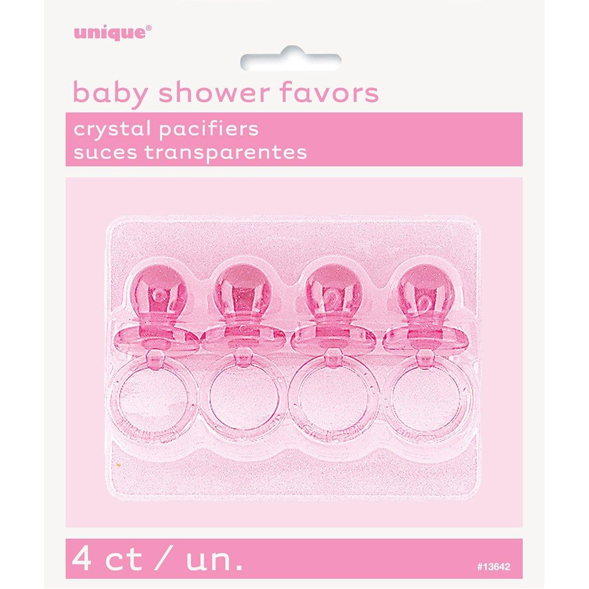 Buy Baby Shower Pink plastic pacifiers, 4 per package sold at Party Expert