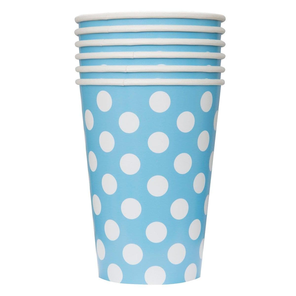 Buy Baby Shower Powder Blue Dots paper cups 12 ounces, 6 per package sold at Party Expert