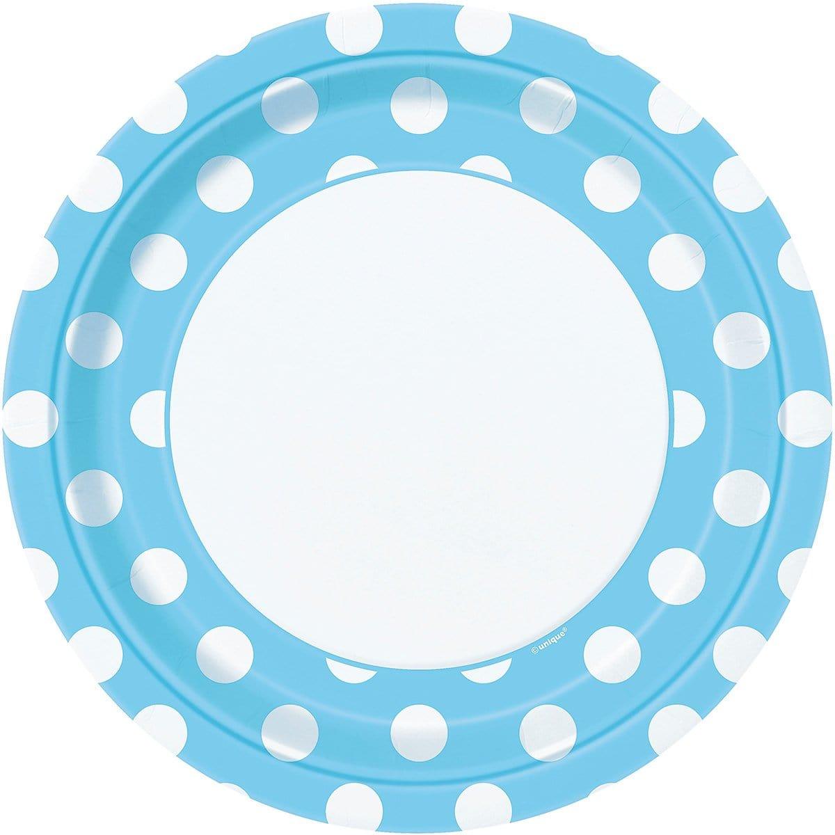 Buy Baby Shower Powder Blue Dots paper plates 9 inches, 8 per package sold at Party Expert