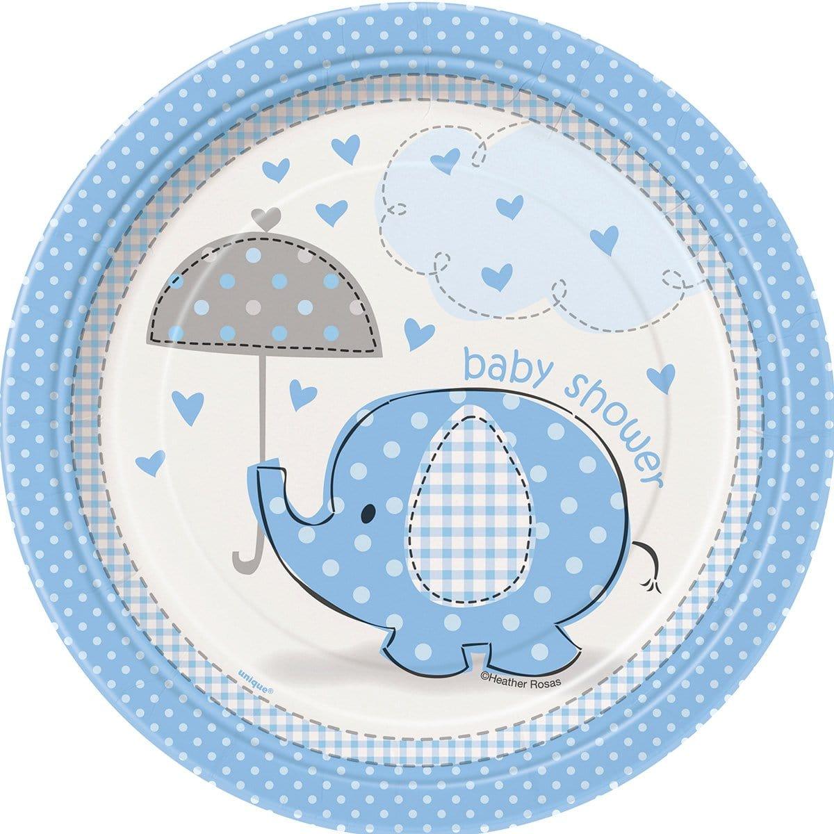 Buy Baby Shower Umbrellaphants Blue paper plates 7 inches, 8 per package sold at Party Expert