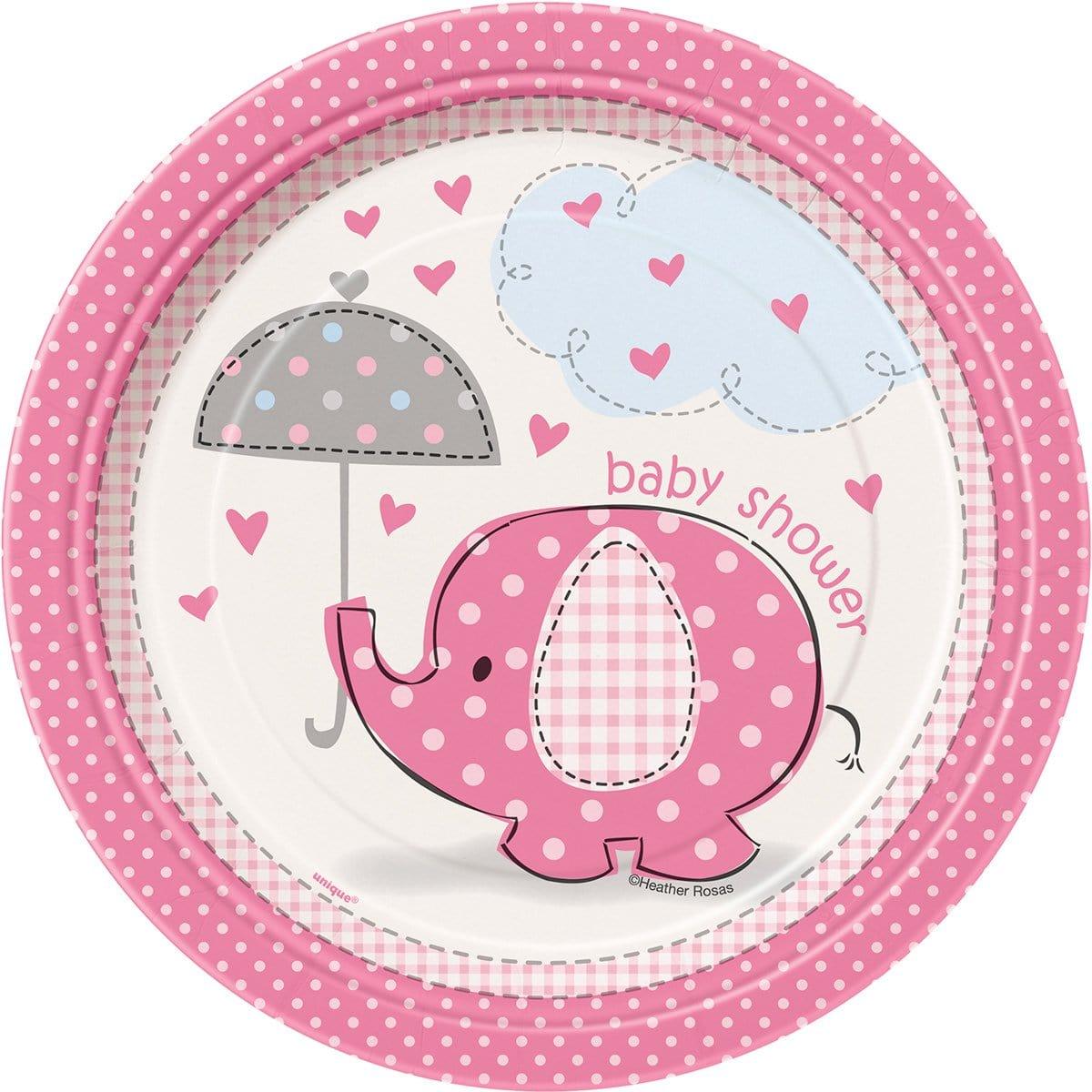 Buy Baby Shower Umbrellaphants Pink paper plates 7 inches, 8 per package sold at Party Expert