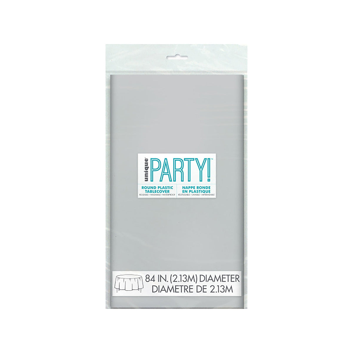 UNIQUE PARTY FAVORS Disposable-Plasticware Silver Round Plastic Tablecover, 84 Inches, 1 Count 011179500345
