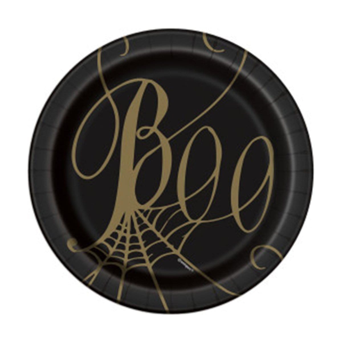 Buy Halloween Black & Gold Spider Web paper plates 7 inches, 8 per package sold at Party Expert