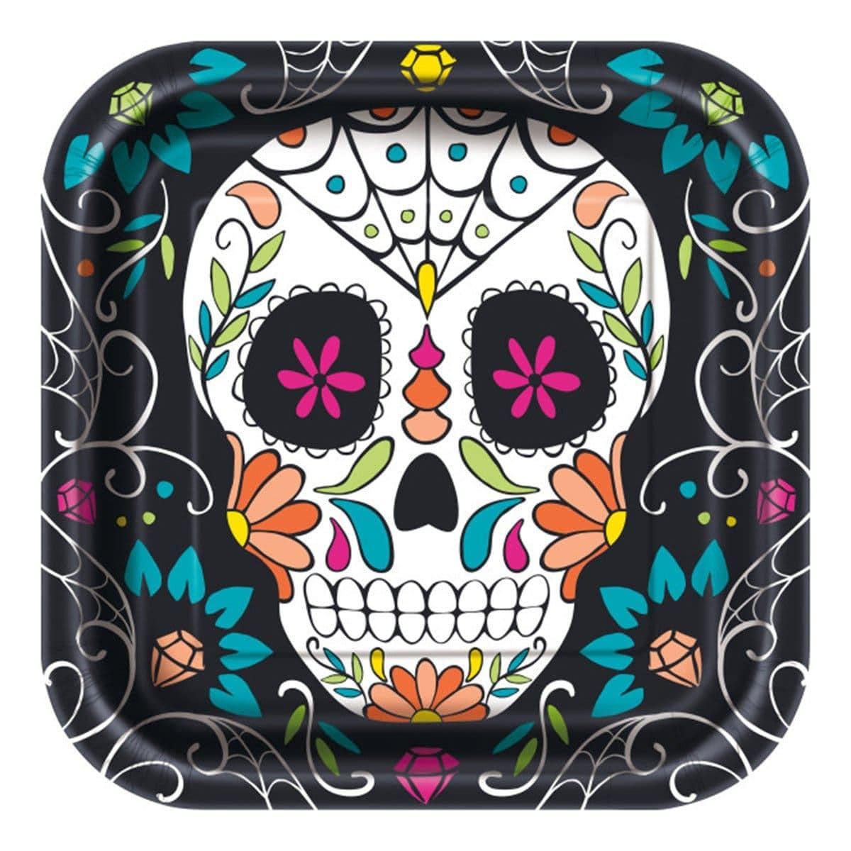 Buy Halloween Day of the Dead Sugar Skulls paper plates 9 inches, 8 per package sold at Party Expert