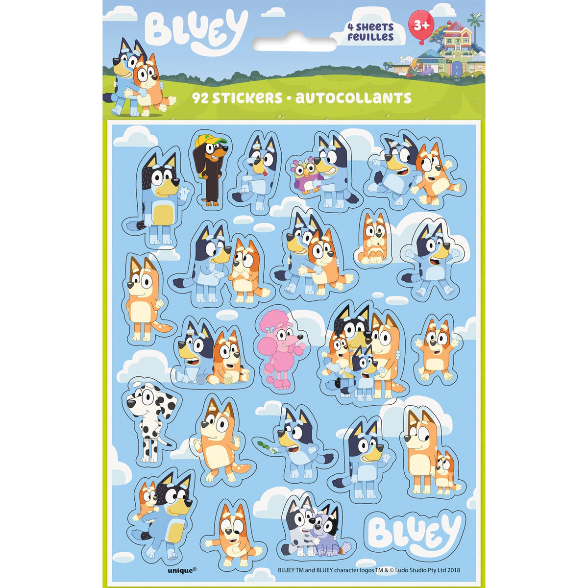 UNIQUE PARTY FAVORS Kids Birthday Bluey Sticker Sheet, 92 Count 0011179296286
