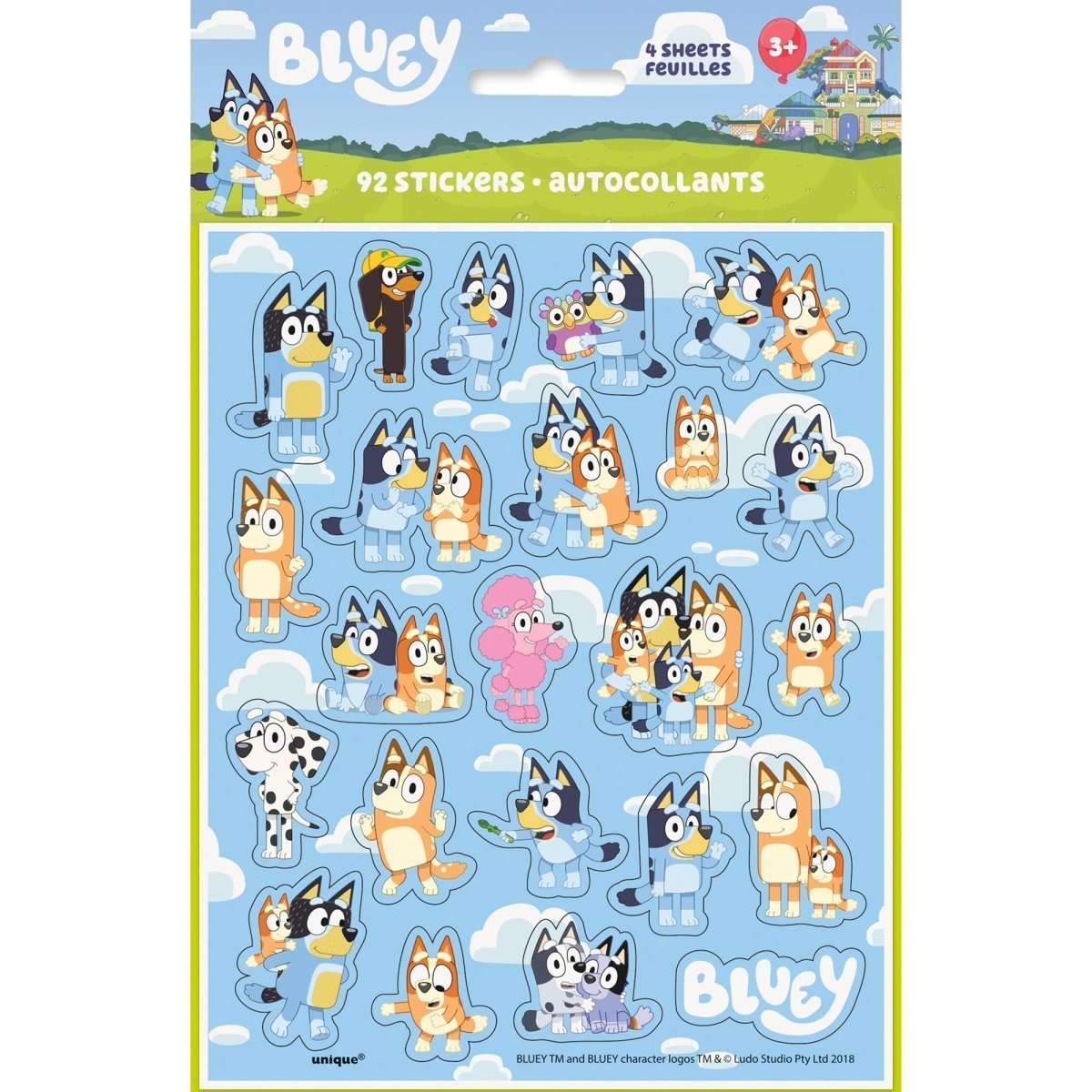 UNIQUE PARTY FAVORS Kids Birthday Bluey Sticker Sheet, 92 Count 0011179296286