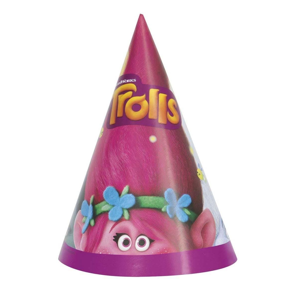 Buy Kids Birthday Trolls party hats, 8 per package sold at Party Expert