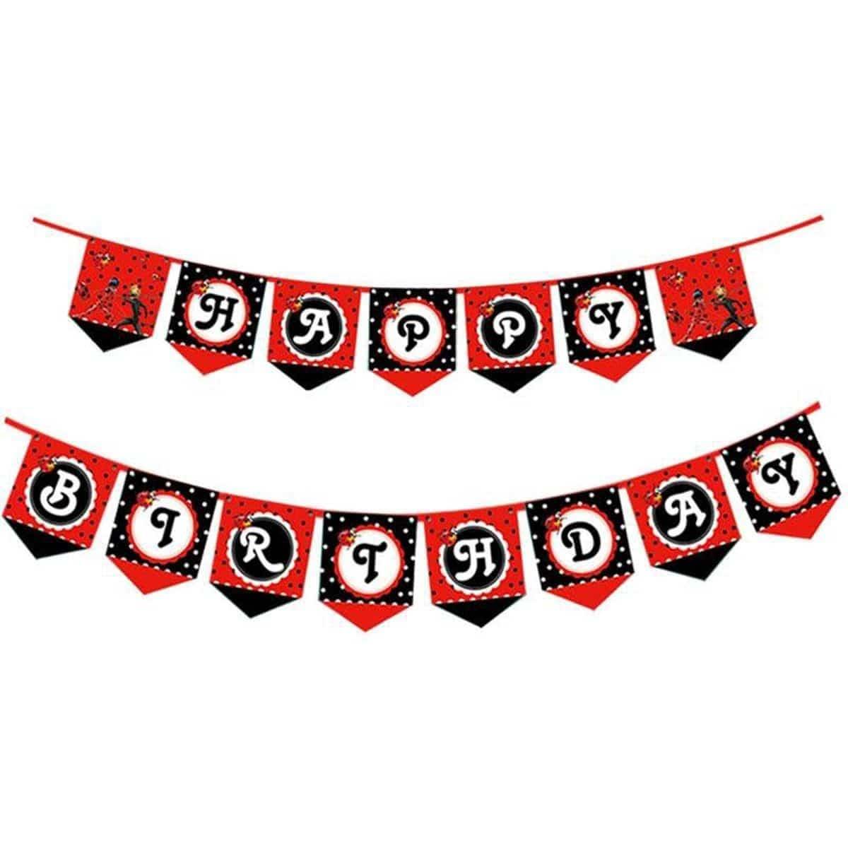 YIWU XINENG E-COMMERCE FIRM Kids Birthday Miraculous: Tales of Ladybug & Cat Noir Happy Birthday Banner, Red and Black